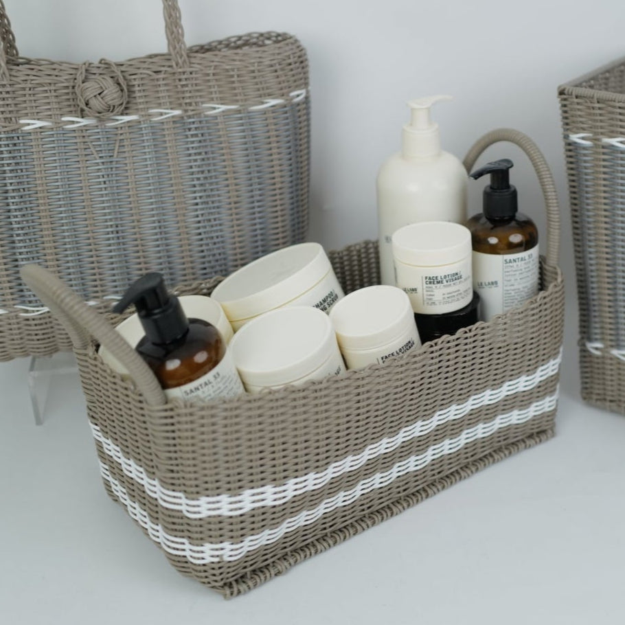 Lilley Line's Hand-woven basket for facial care products, Guadualupe Picnic Popper in Putty and White