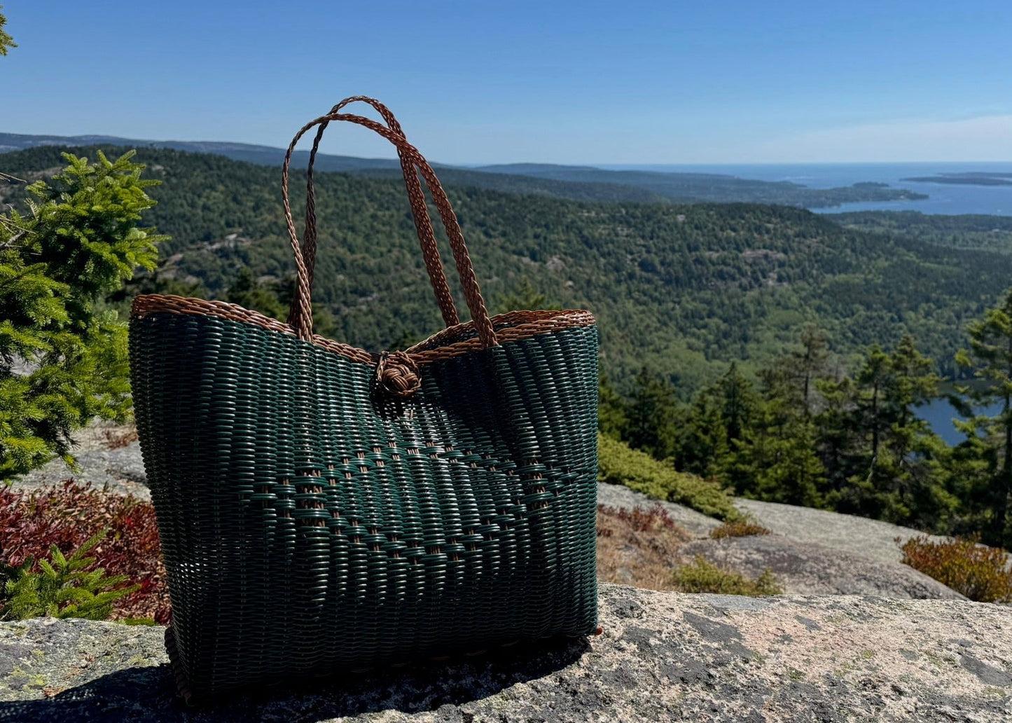 Woven green bag on a rock with a scenic view of trees and water in the background