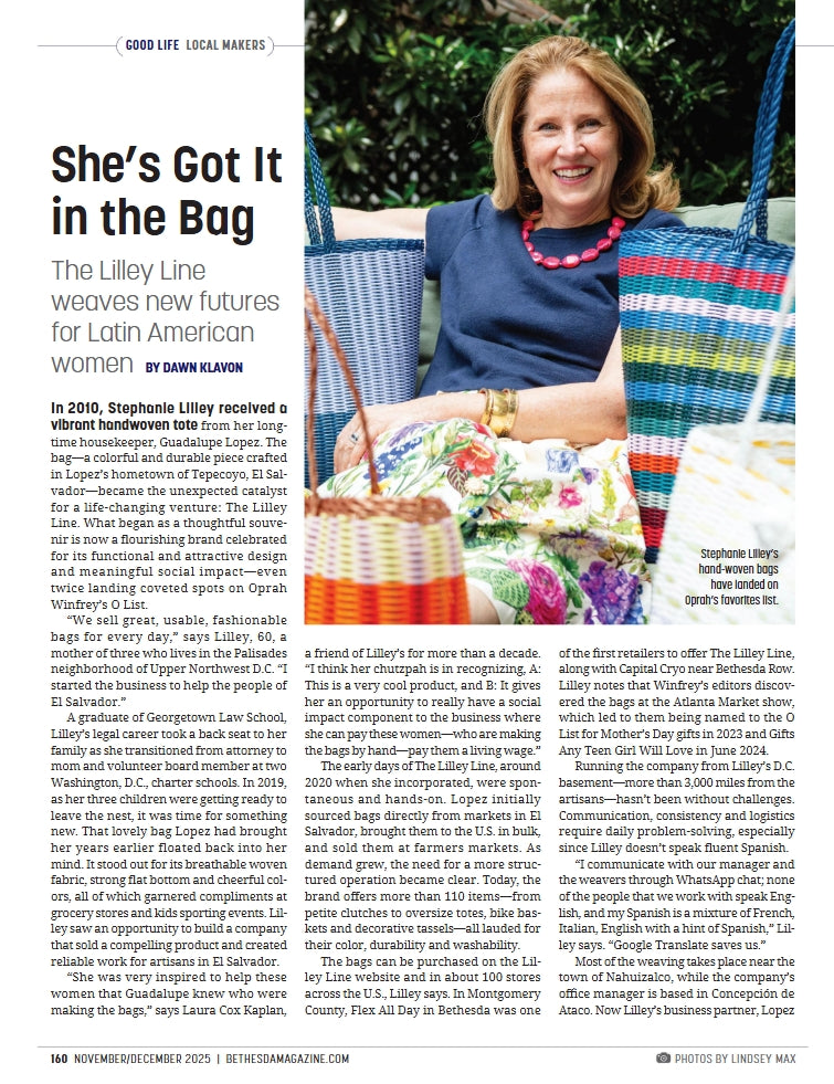 Woman sitting in a chair with a colorful bag, surrounded by text about the LILLY LINE brand.