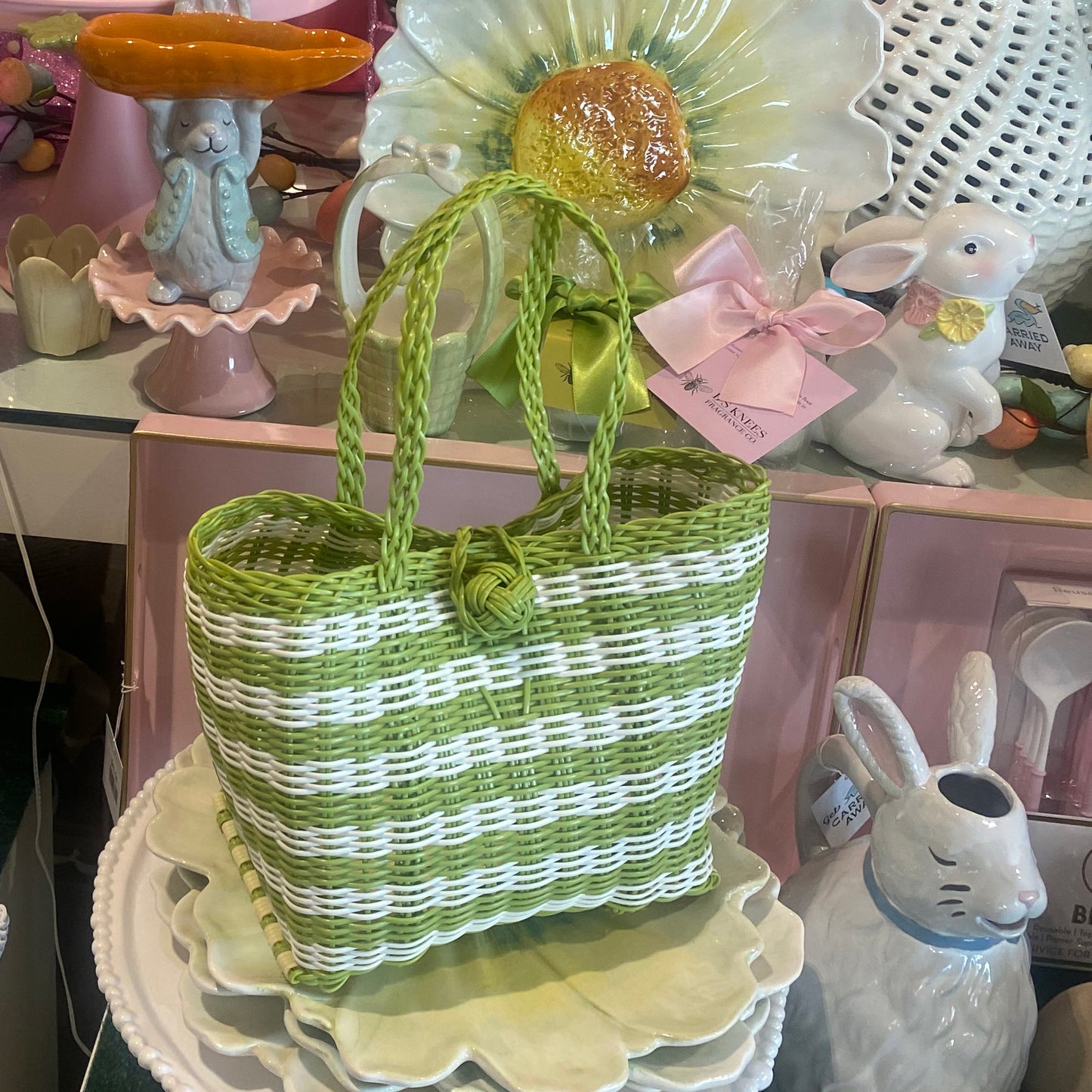 Berry Basket, Lined Paper Stripe in Pear Green + White