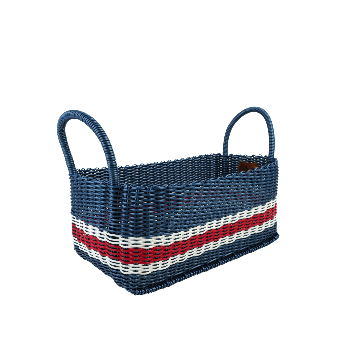 Woven basket with blue, white, and red stripes on a white background