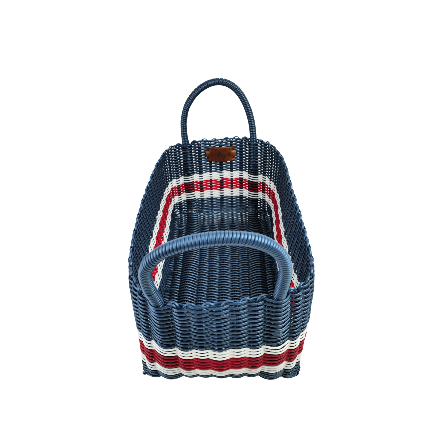 Woven pet carrier with blue, red, and white stripes on a white background
