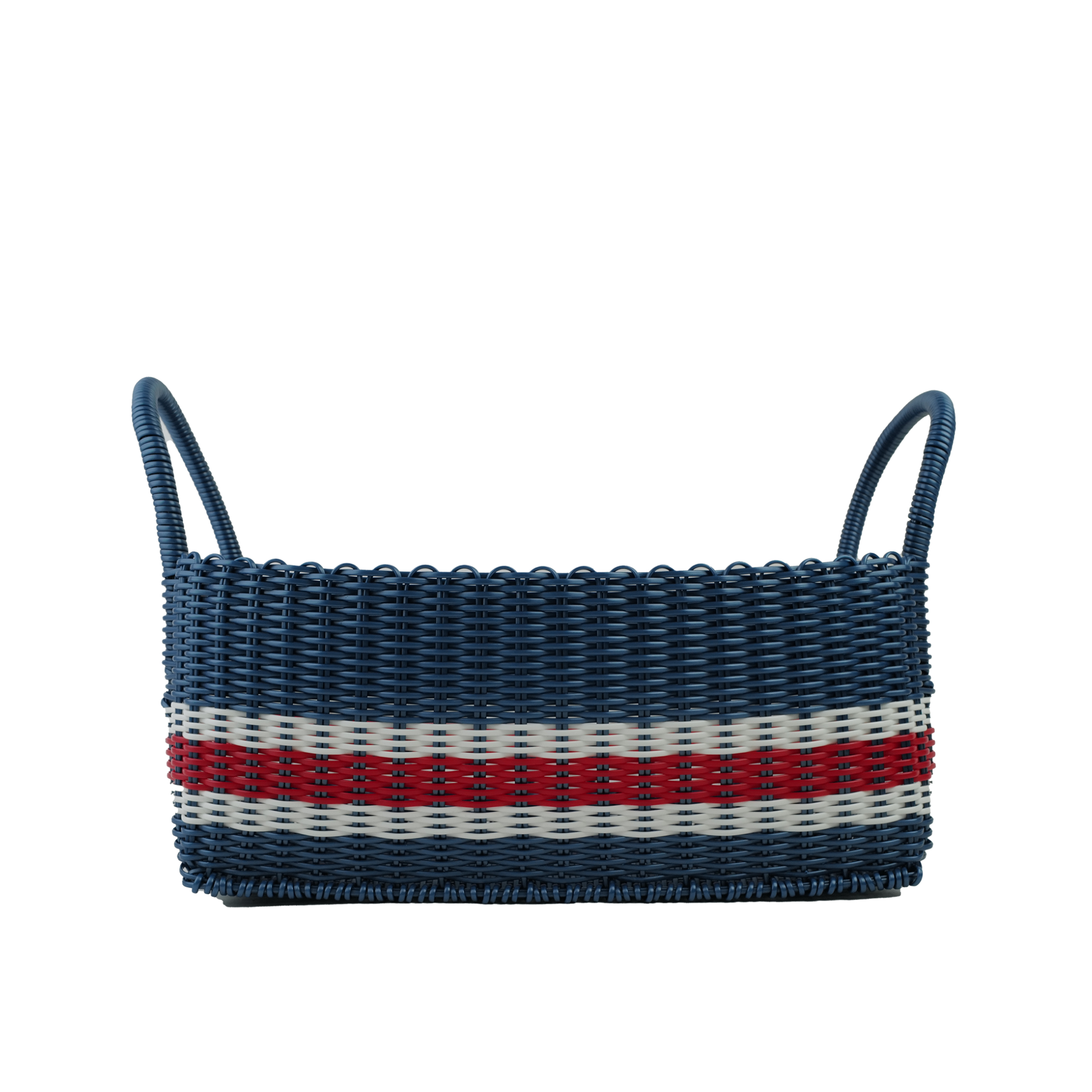 Woven basket with blue, red, and white stripes on a white background