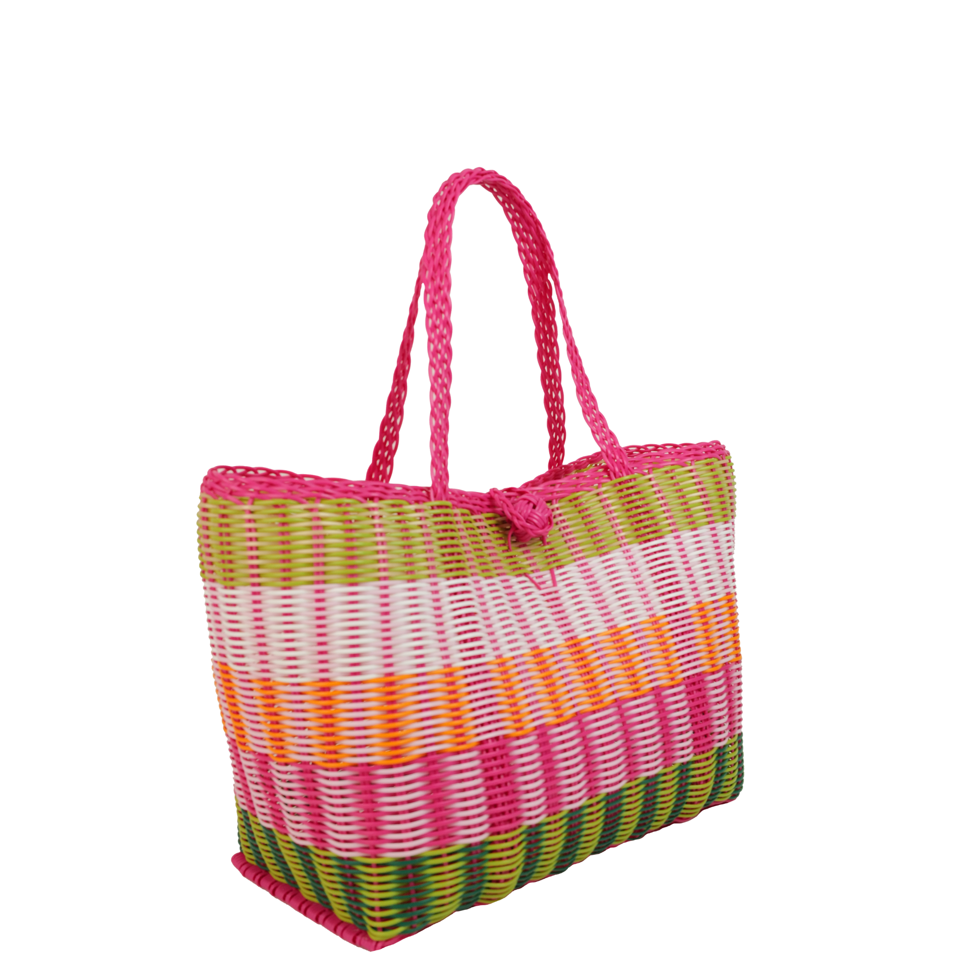 Colorful woven bag with pink handle on a white background