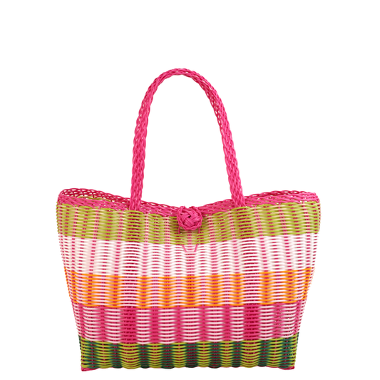 Colorful striped woven bag with a pink handle on a white background