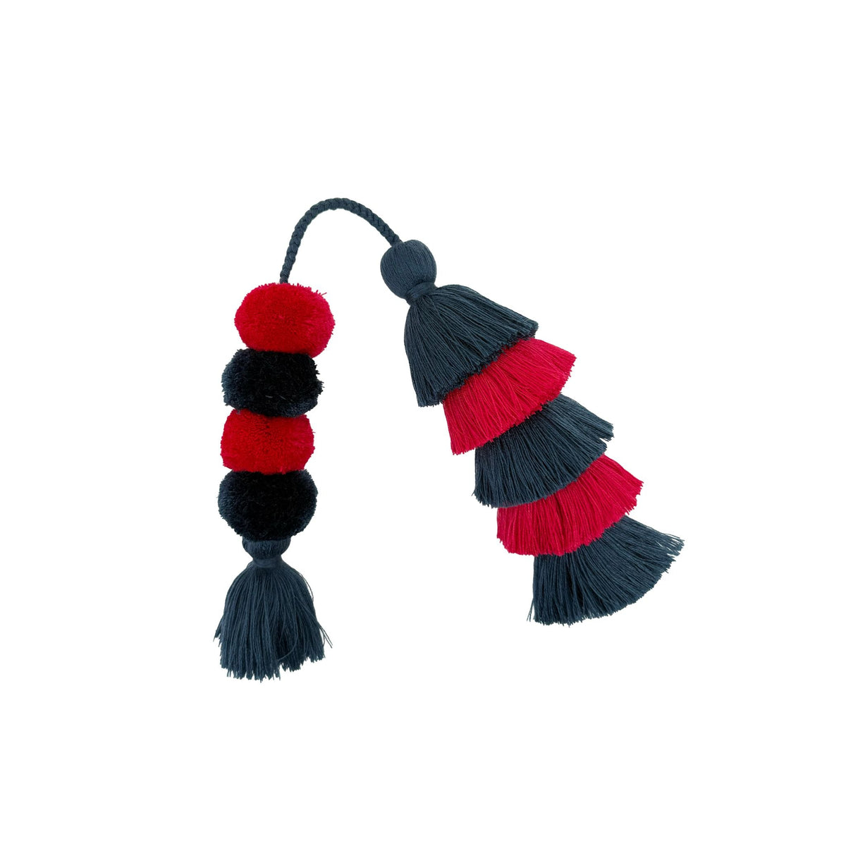 Decorative tassel with red and black layers on a white background