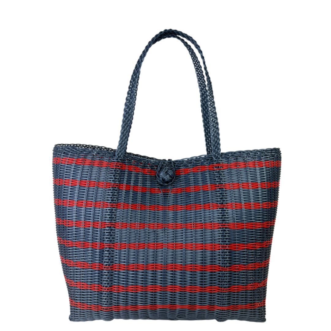 Woven Lilley Line Sailor medium tote bag in Fog Blue with red stripes on a white background