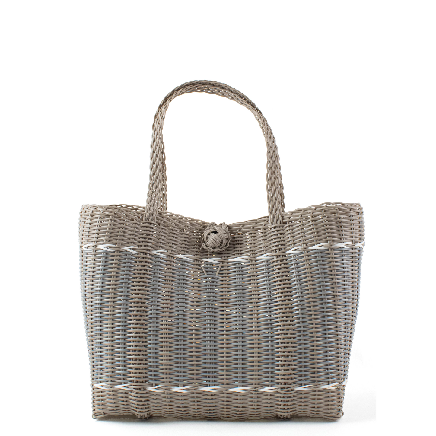 Woven handbag with a handle on a white background